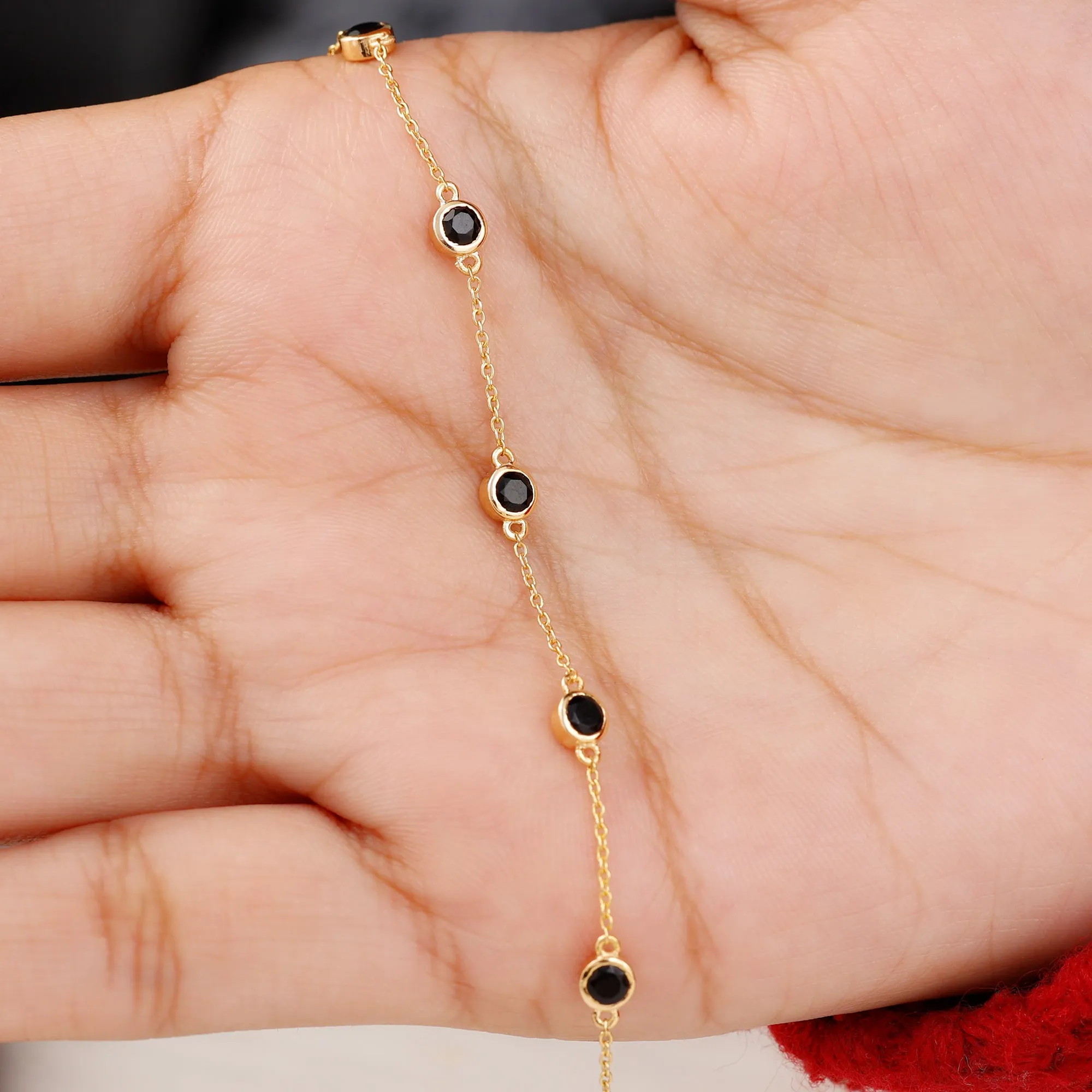 0.75 CT Bezel Set Black Onyx Seven Stone Station Chain Bracelet