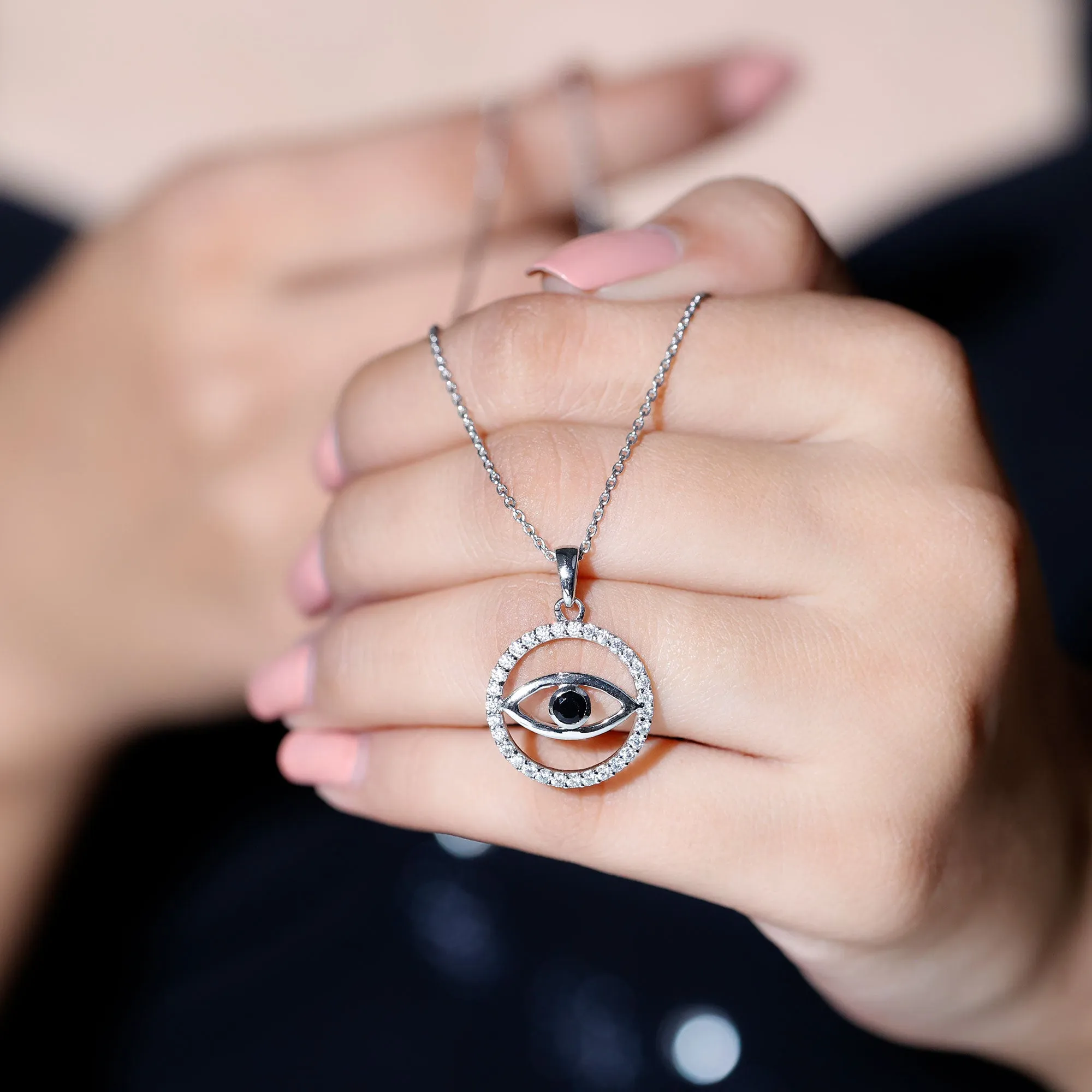 1 CT Black Spinel Evil Eye Pendant with Moissanite Eternity