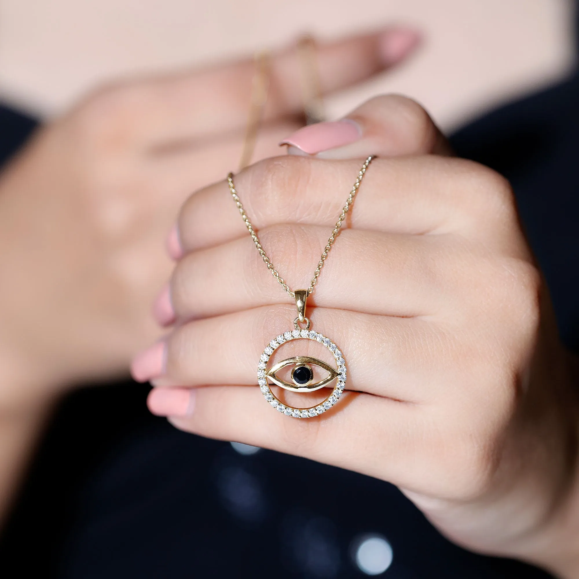 1 CT Black Spinel Evil Eye Pendant with Moissanite Eternity
