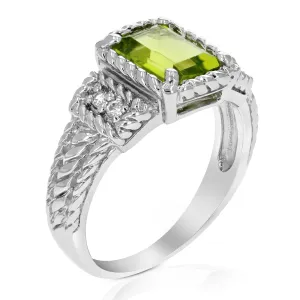 1.10 cttw Emerald Peridot Ring .925 Sterling Silver with Rhodium Plating 8x6 MM
