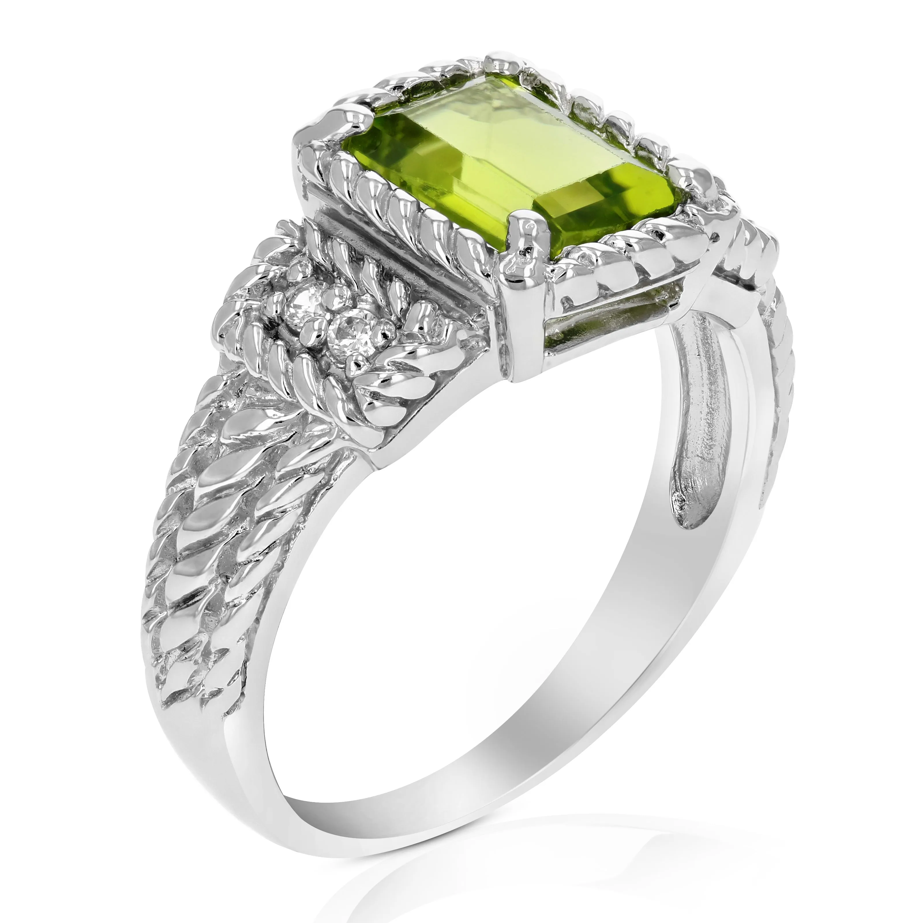 1.10 cttw Emerald Peridot Ring .925 Sterling Silver with Rhodium Plating 8x6 MM