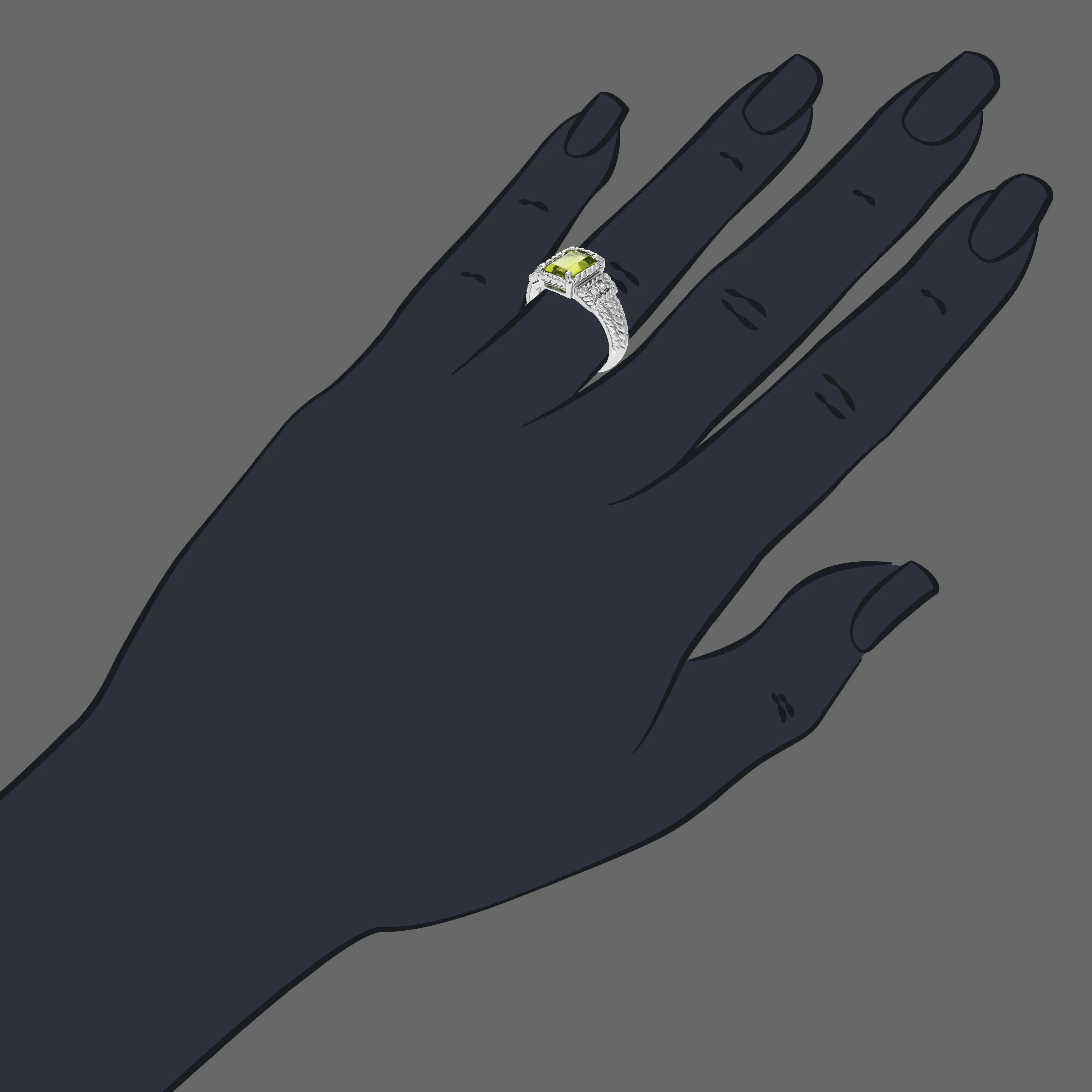 1.10 cttw Emerald Peridot Ring .925 Sterling Silver with Rhodium Plating 8x6 MM
