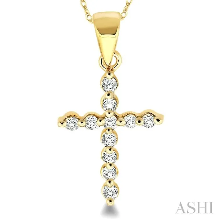 1/10 ctw Round Cut Diamond Cross Petite Pendant in 14K Yellow Gold with Chain