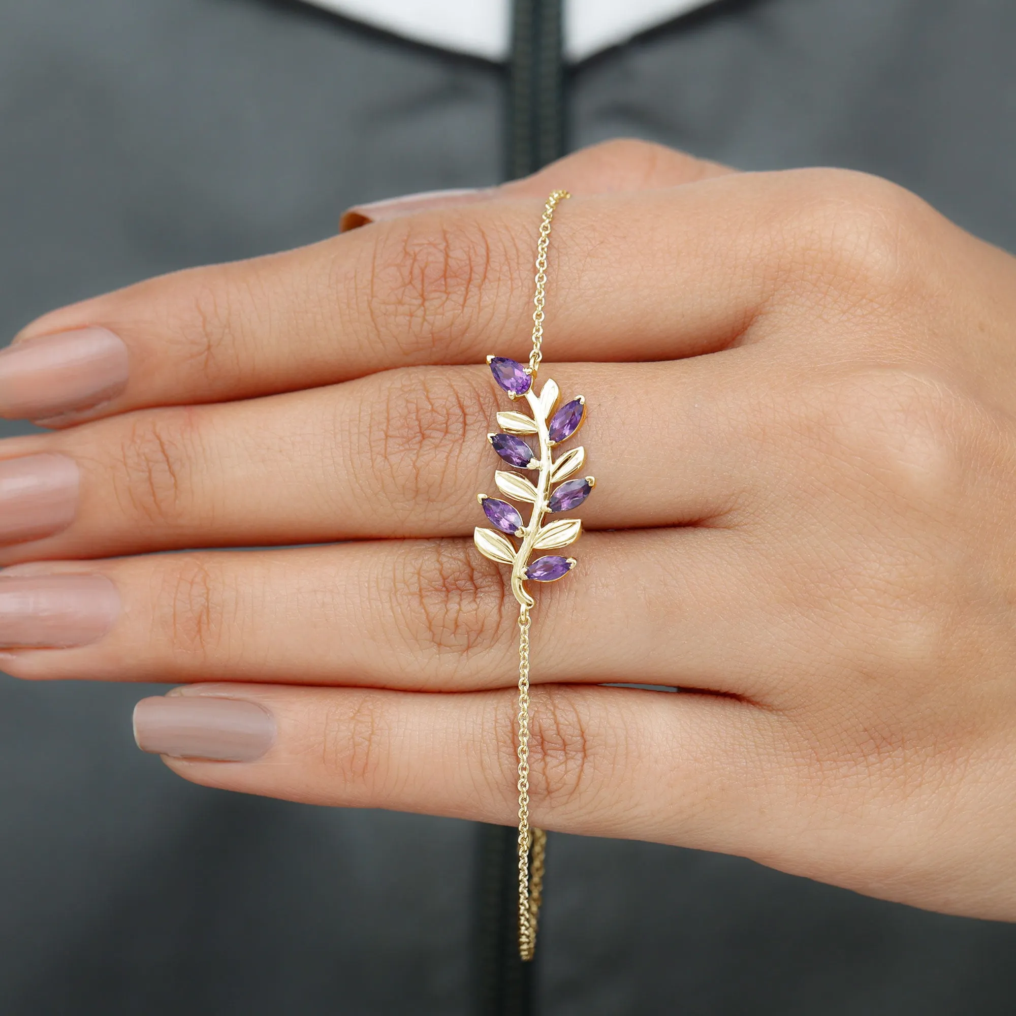 1.25 CT Natural Amethyst Gold Leaf Chain Bracelet