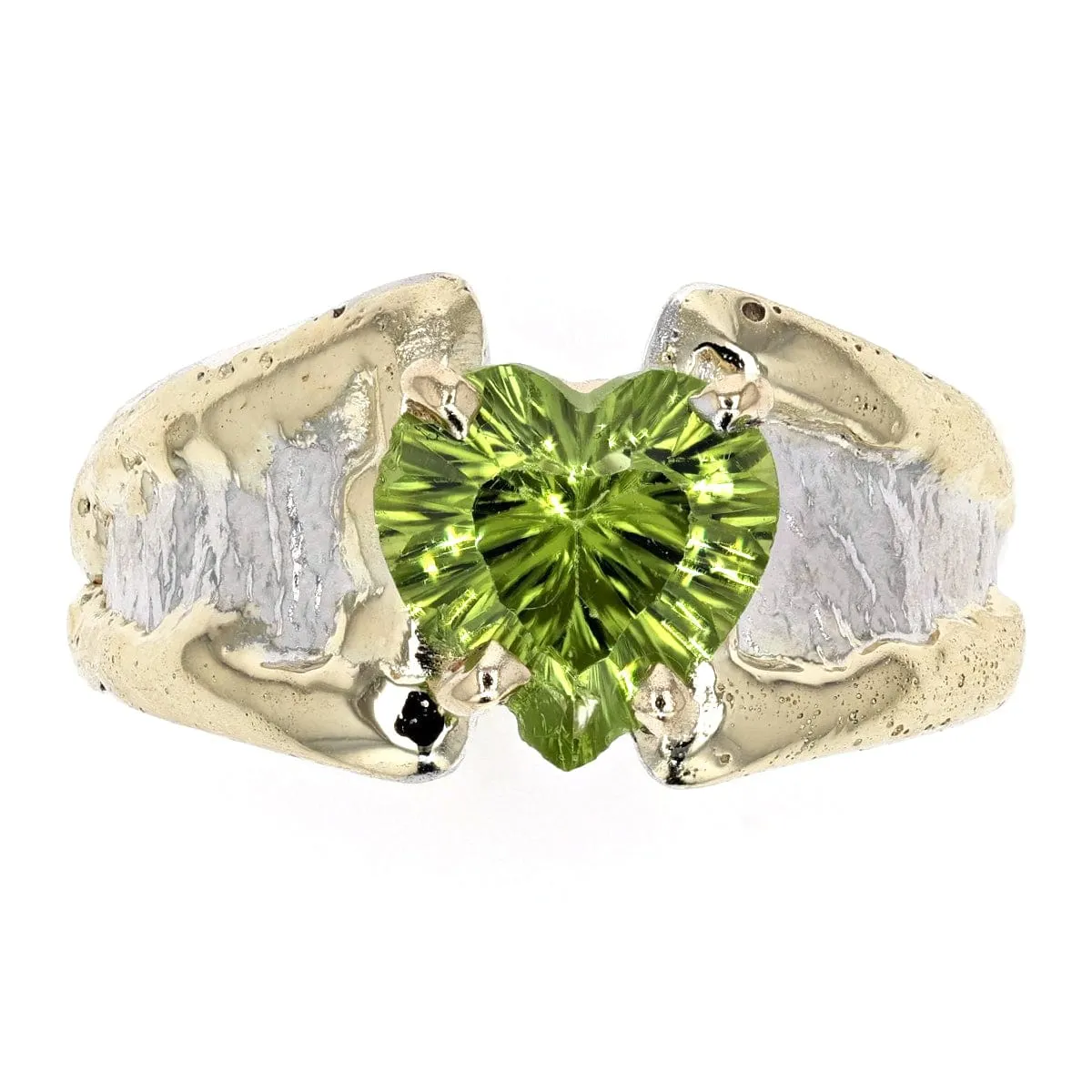 14K Gold & Crystalline Silver Heart-Cut Peridot Split Taper Ring