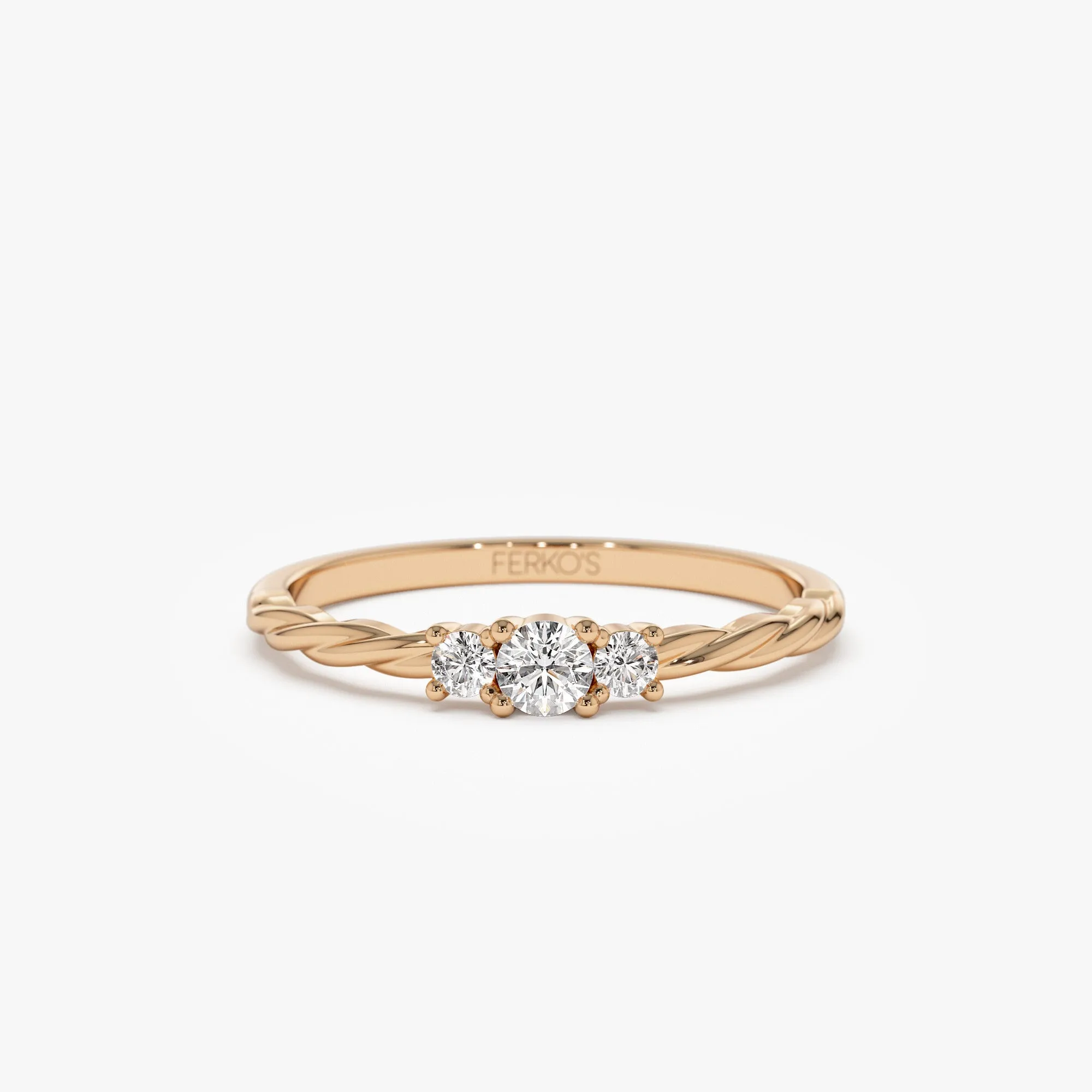 14k Gold Three Stone Dainty Diamond Twisted Ring