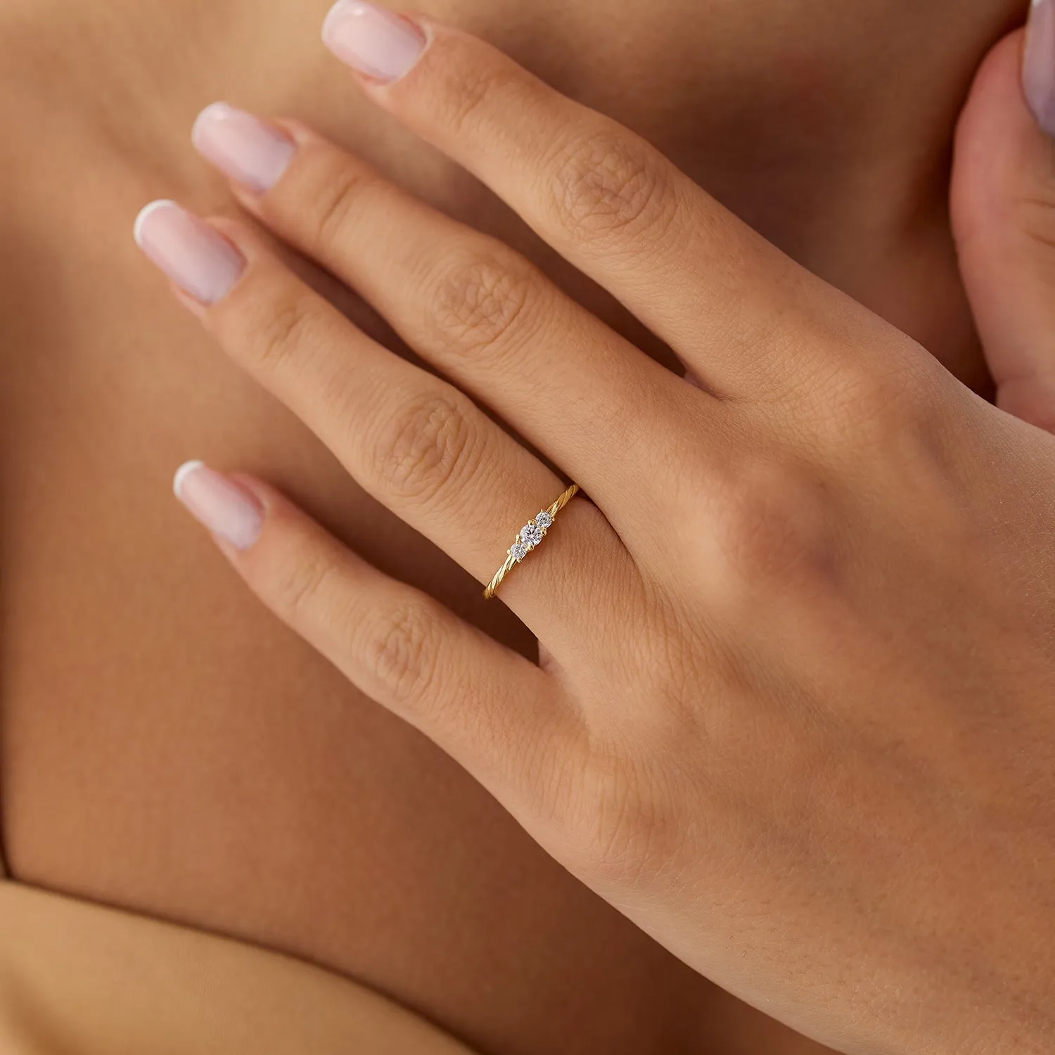 14k Gold Three Stone Dainty Diamond Twisted Ring