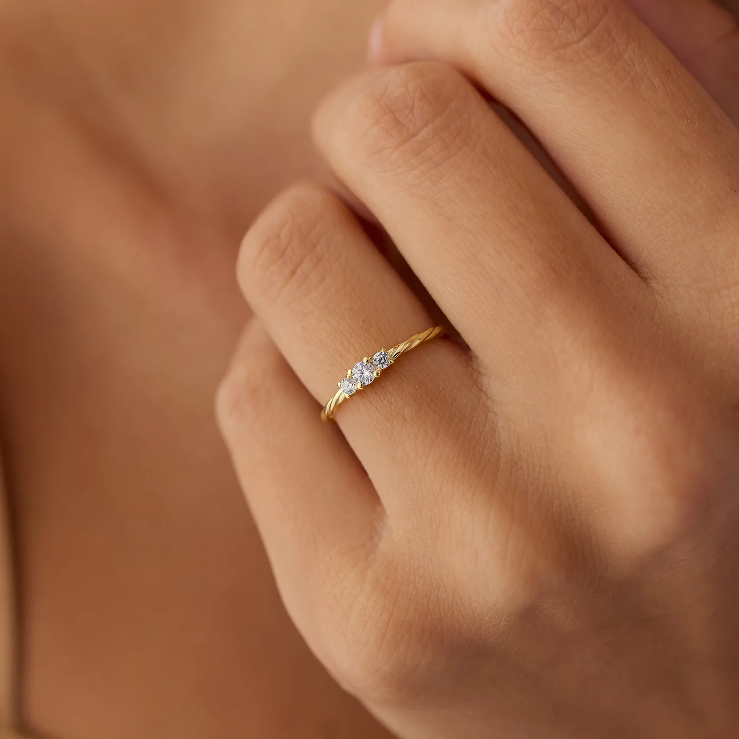14k Gold Three Stone Dainty Diamond Twisted Ring