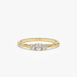 14k Gold Three Stone Dainty Diamond Twisted Ring