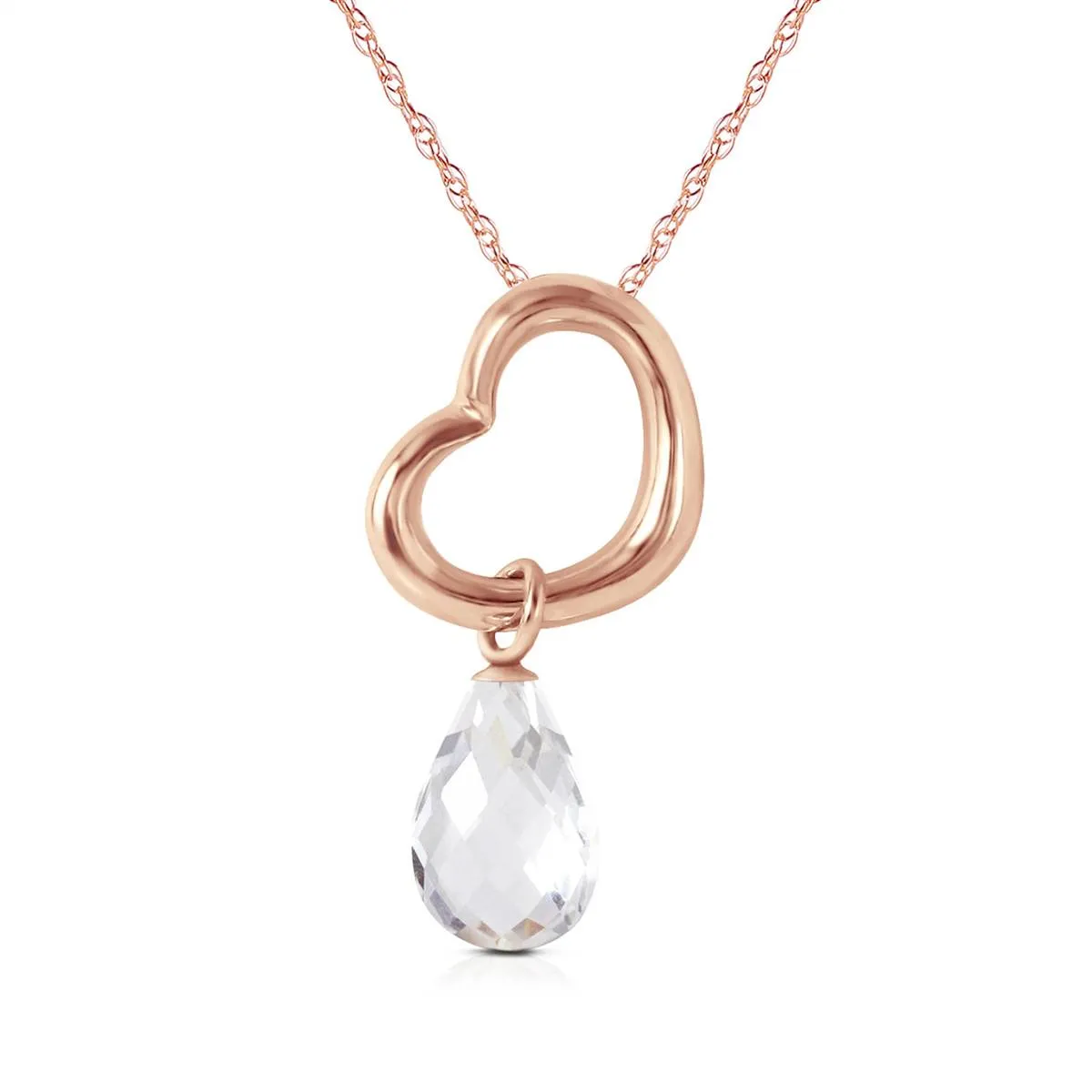 14K Solid Rose Gold Heart Necklace w/ Dangling Natural White Topaz