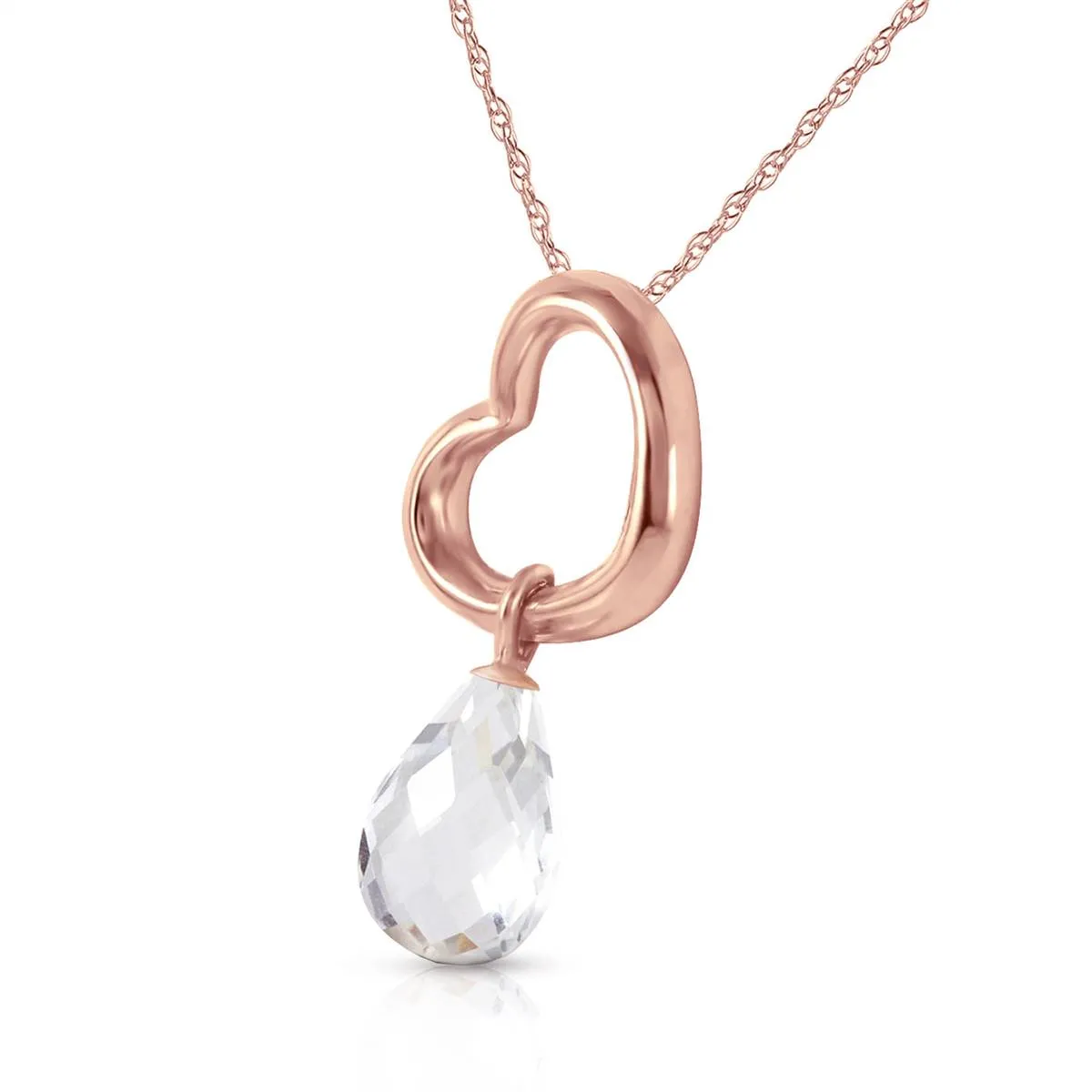 14K Solid Rose Gold Heart Necklace w/ Dangling Natural White Topaz