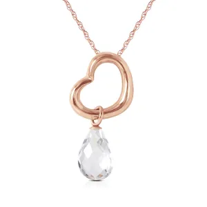 14K Solid Rose Gold Heart Necklace w/ Dangling Natural White Topaz