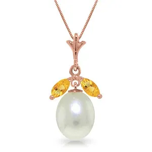14K Solid Rose Gold Necklace w/ Natural Parl & Citrines