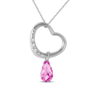 14K Solid White Gold Heart Necklace w/ Natural Diamond & Pink Topaz