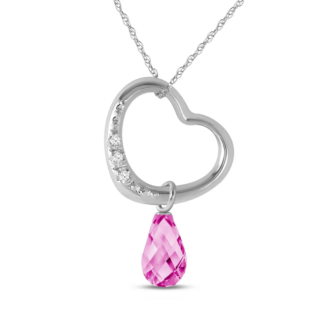14K Solid White Gold Heart Necklace w/ Natural Diamond & Pink Topaz