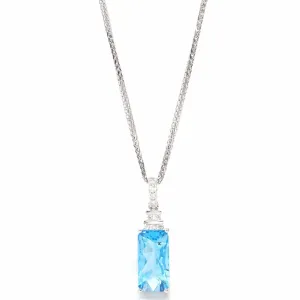 14k White Gold Natural Swiss Blue Topaz Necklace With Diamonds
