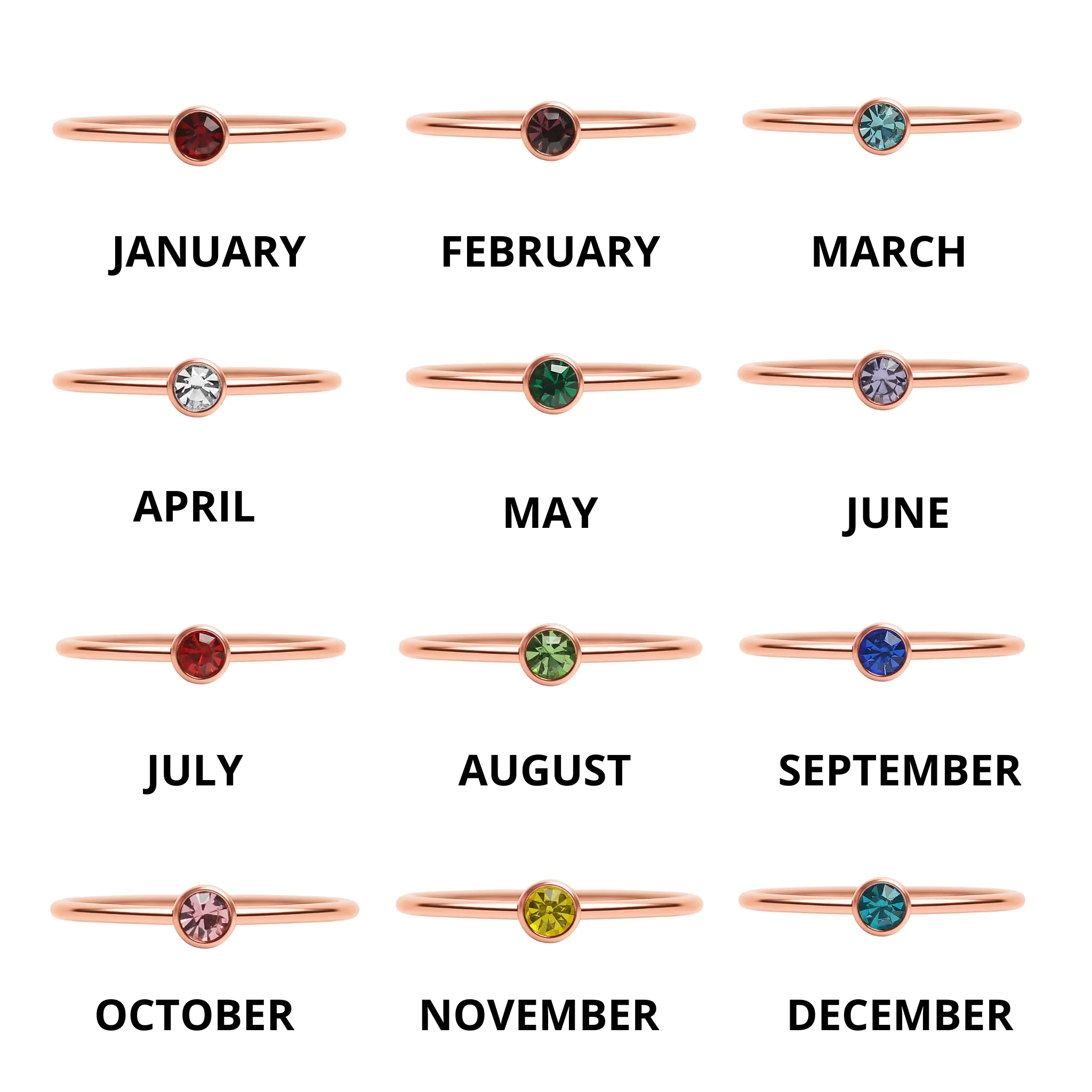 18k Rose Gold PVD Coated Stainless Steel Birthstone Stacking Ring Size 3 / ZRJ1002