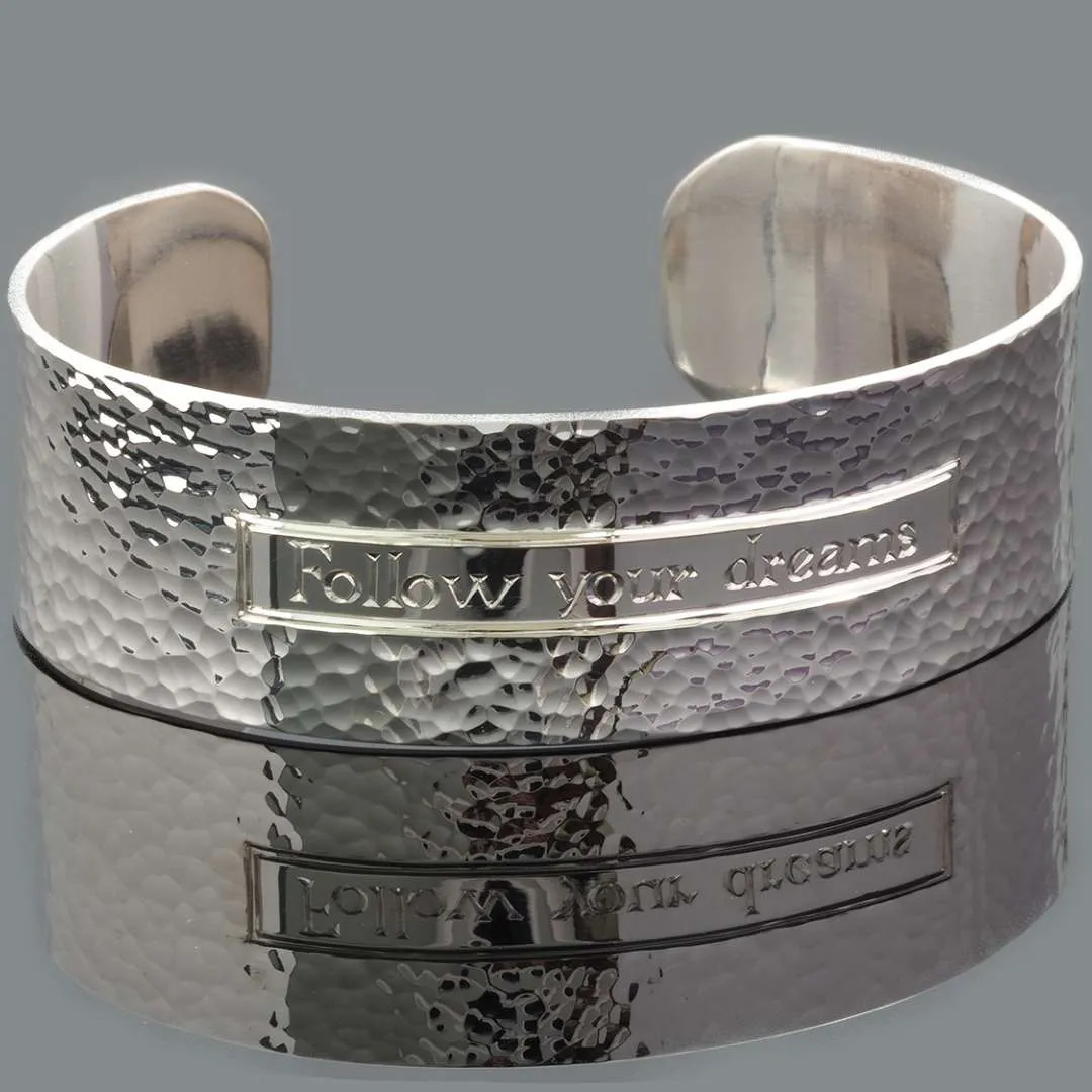 2cm Wide Sterling Silver Hammered Cuff Bracelet Personalised