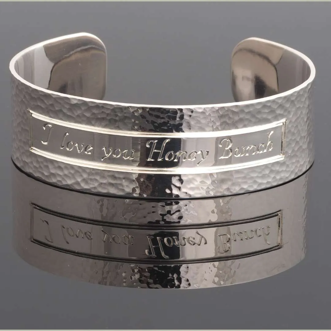 2cm Wide Sterling Silver Hammered Cuff Bracelet Personalised