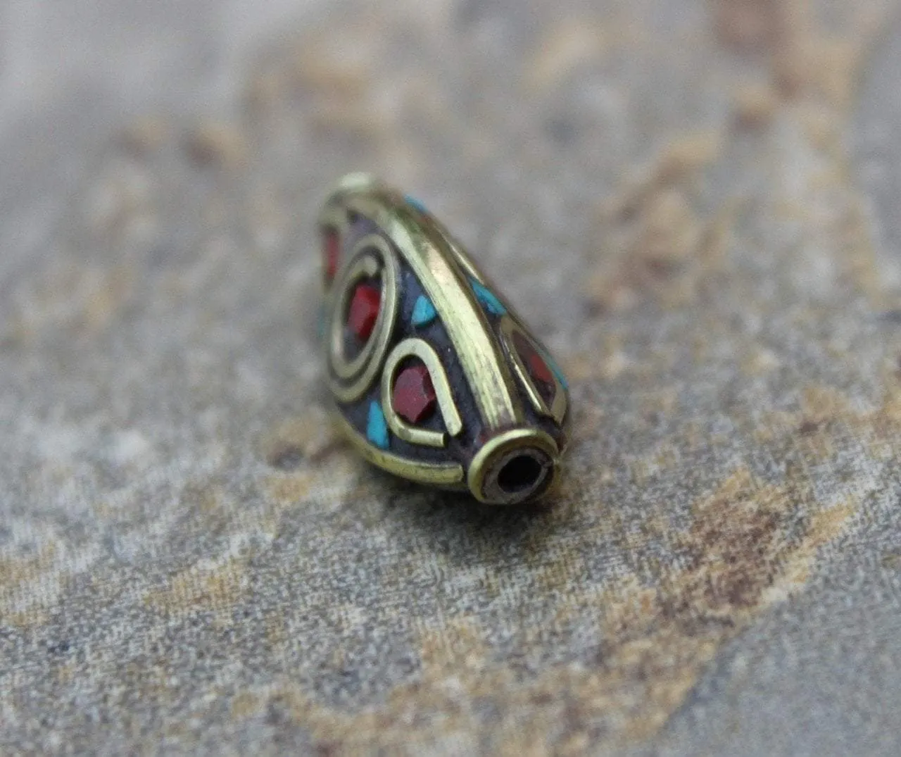 3 Sided Brass Coral and Turquoise Tibetan Bead
