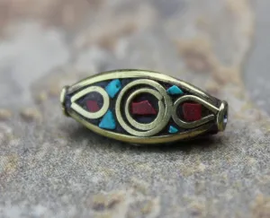 3 Sided Brass Coral and Turquoise Tibetan Bead
