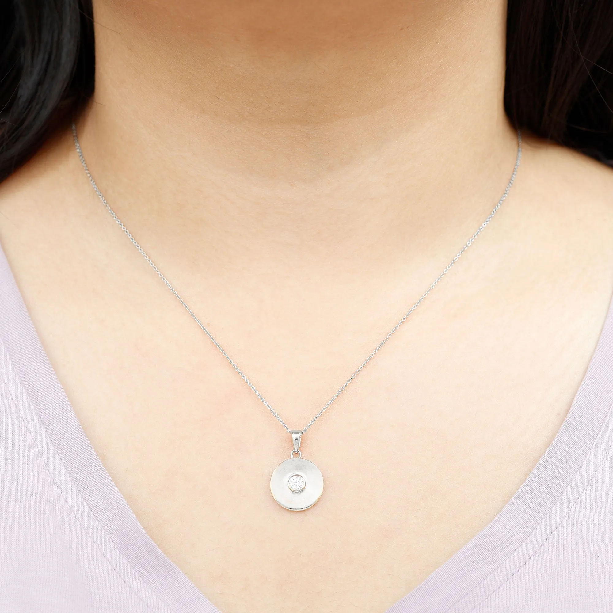 4 MM Round Moissanite Solitaire Disc pendant in Bezel Setting