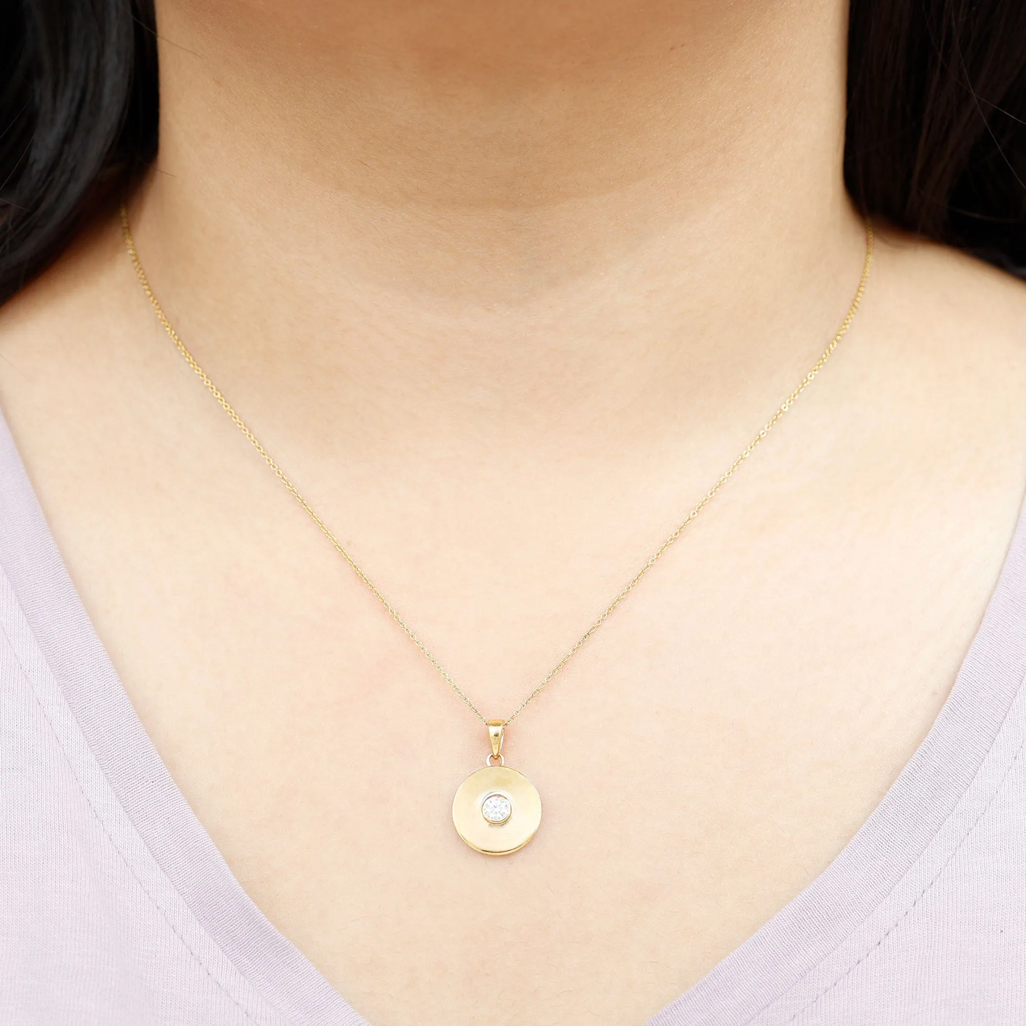 4 MM Round Moissanite Solitaire Disc pendant in Bezel Setting