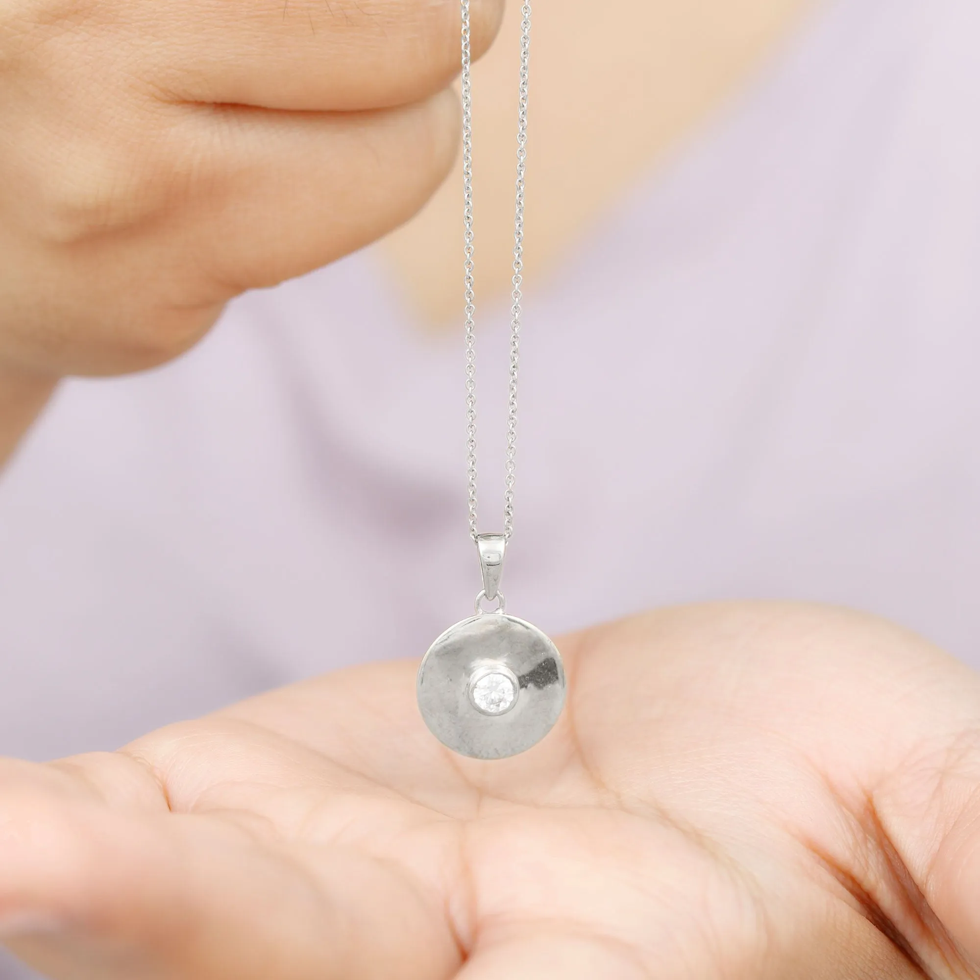 4 MM Round Moissanite Solitaire Disc pendant in Bezel Setting