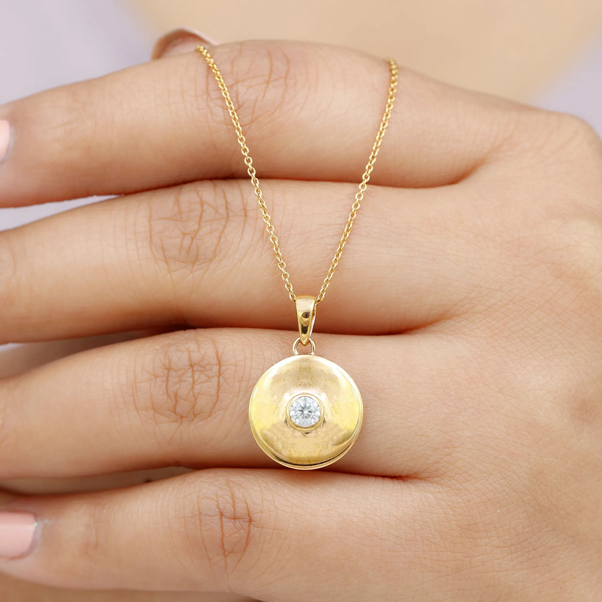 4 MM Round Moissanite Solitaire Disc pendant in Bezel Setting