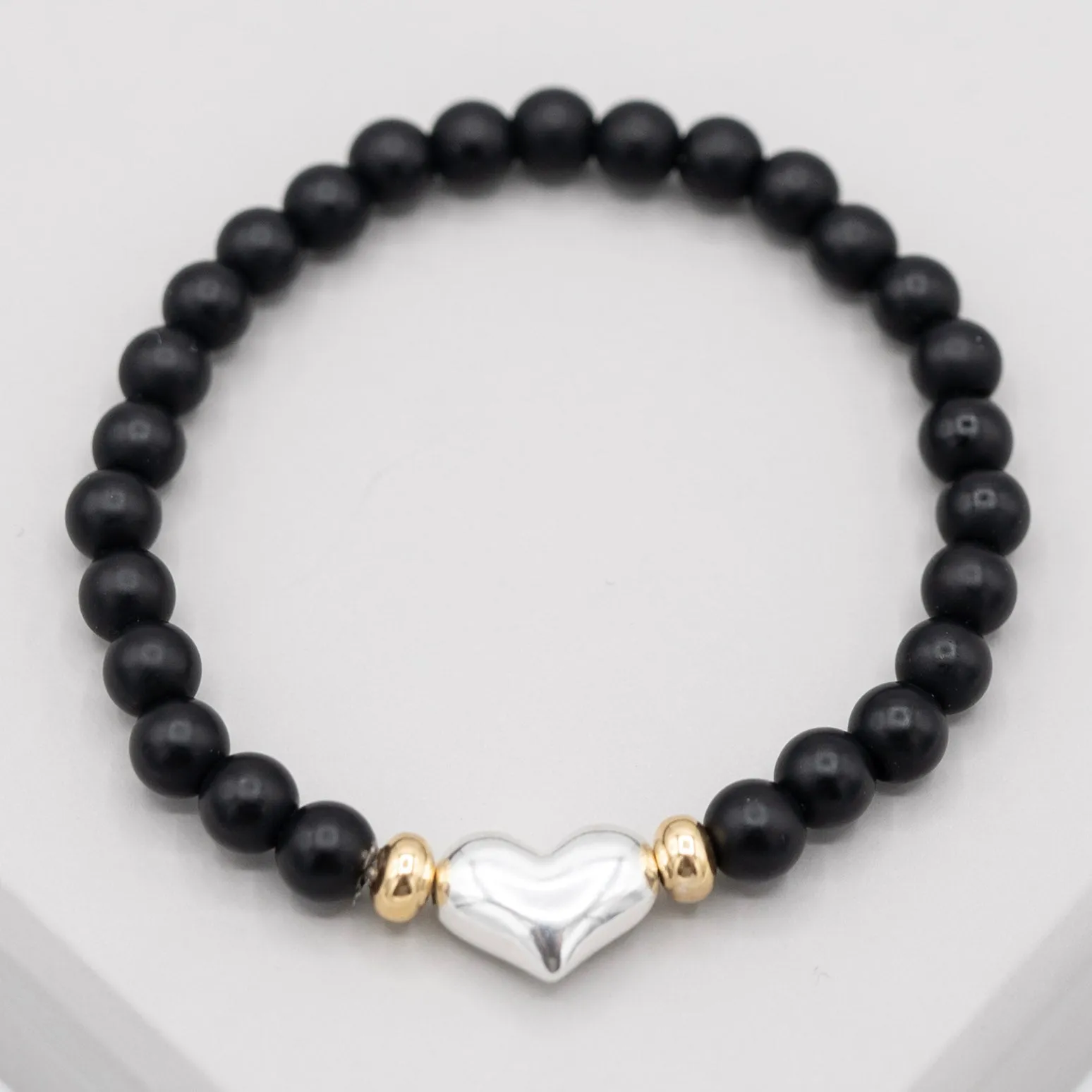 6mm Matte Black Onyx Puffy Heart Bracelet