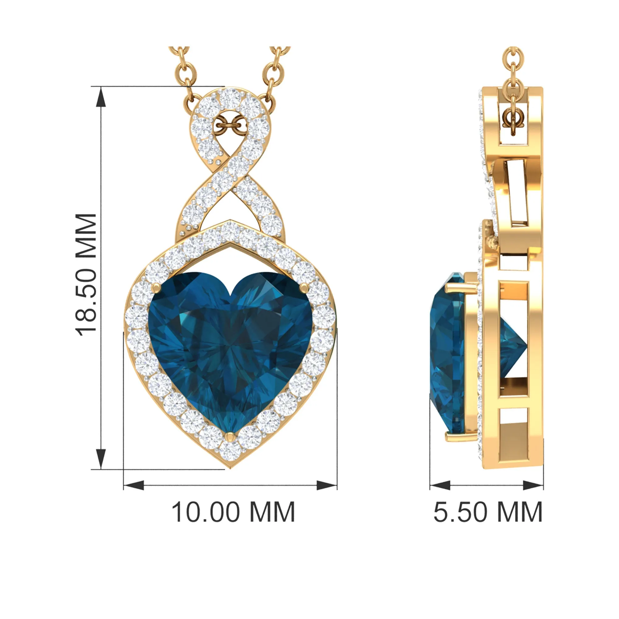 8 MM Heart Shape London Blue Topaz Infinity Pendant with Diamond