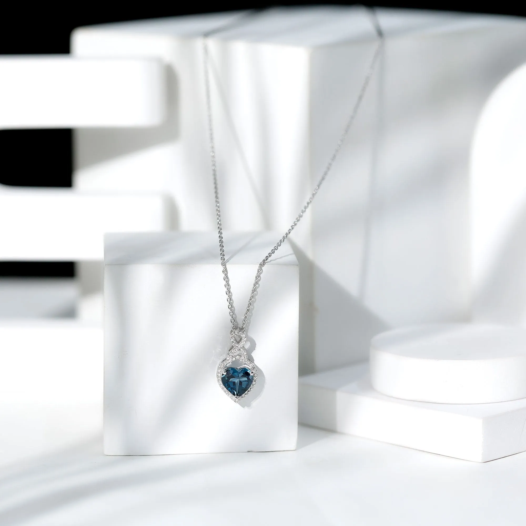 8 MM Heart Shape London Blue Topaz Infinity Pendant with Diamond