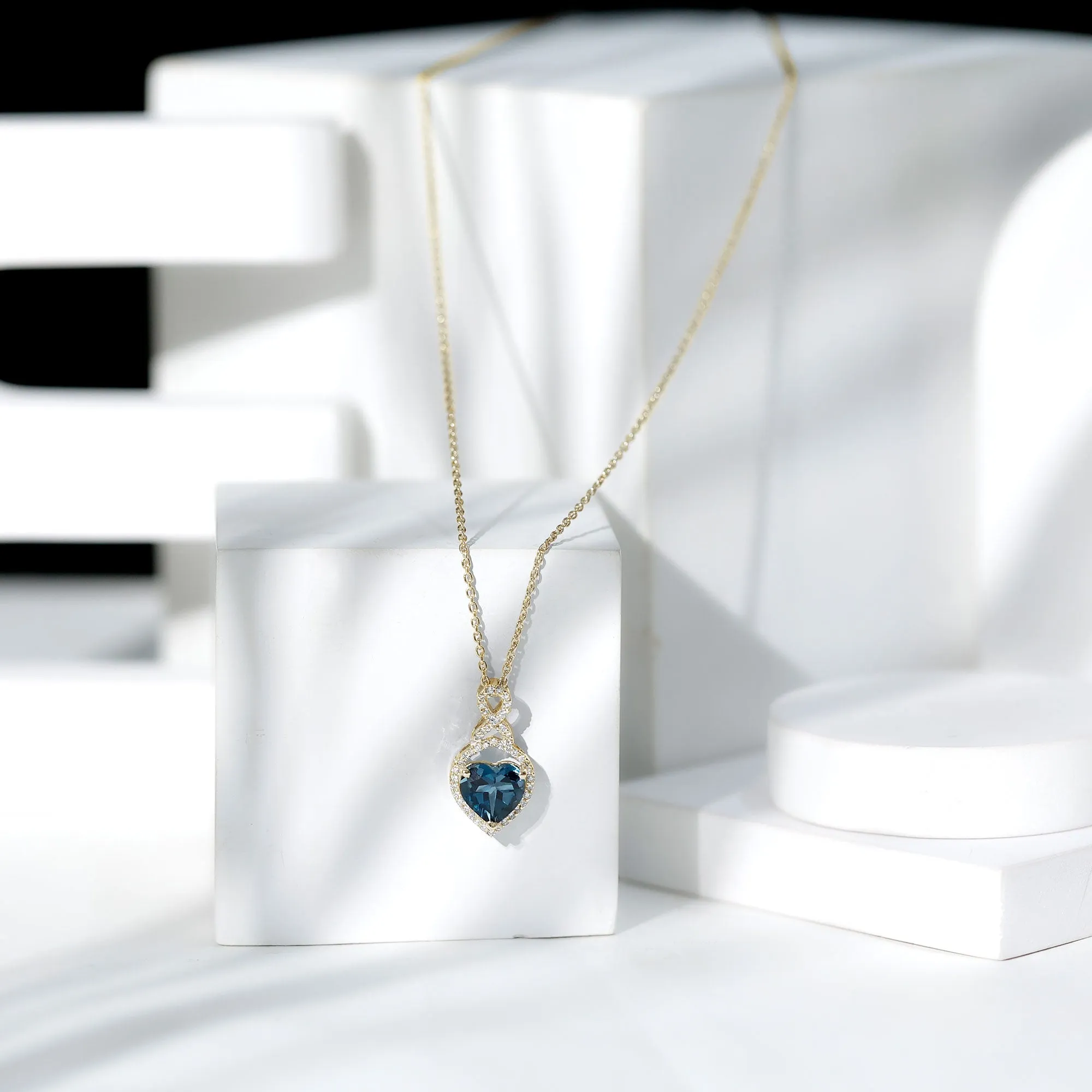 8 MM Heart Shape London Blue Topaz Infinity Pendant with Diamond