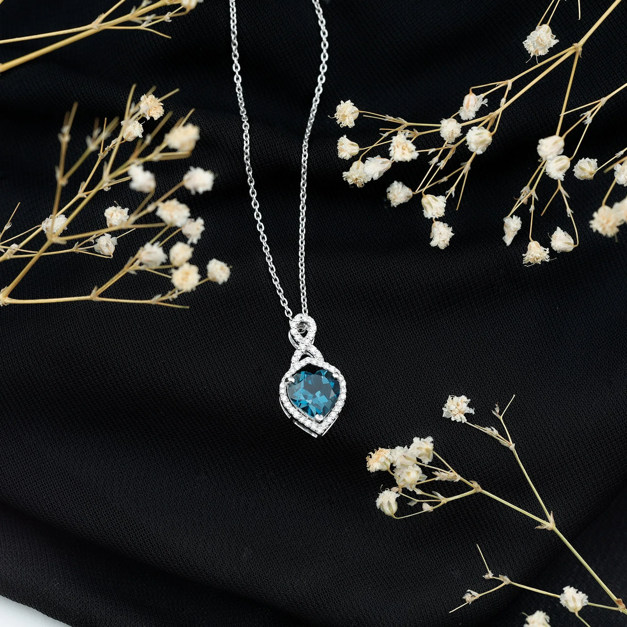 8 MM Heart Shape London Blue Topaz Infinity Pendant with Diamond
