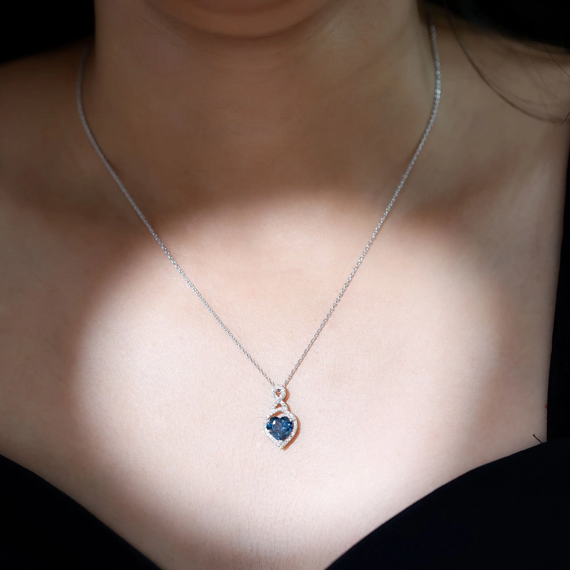 8 MM Heart Shape London Blue Topaz Infinity Pendant with Diamond