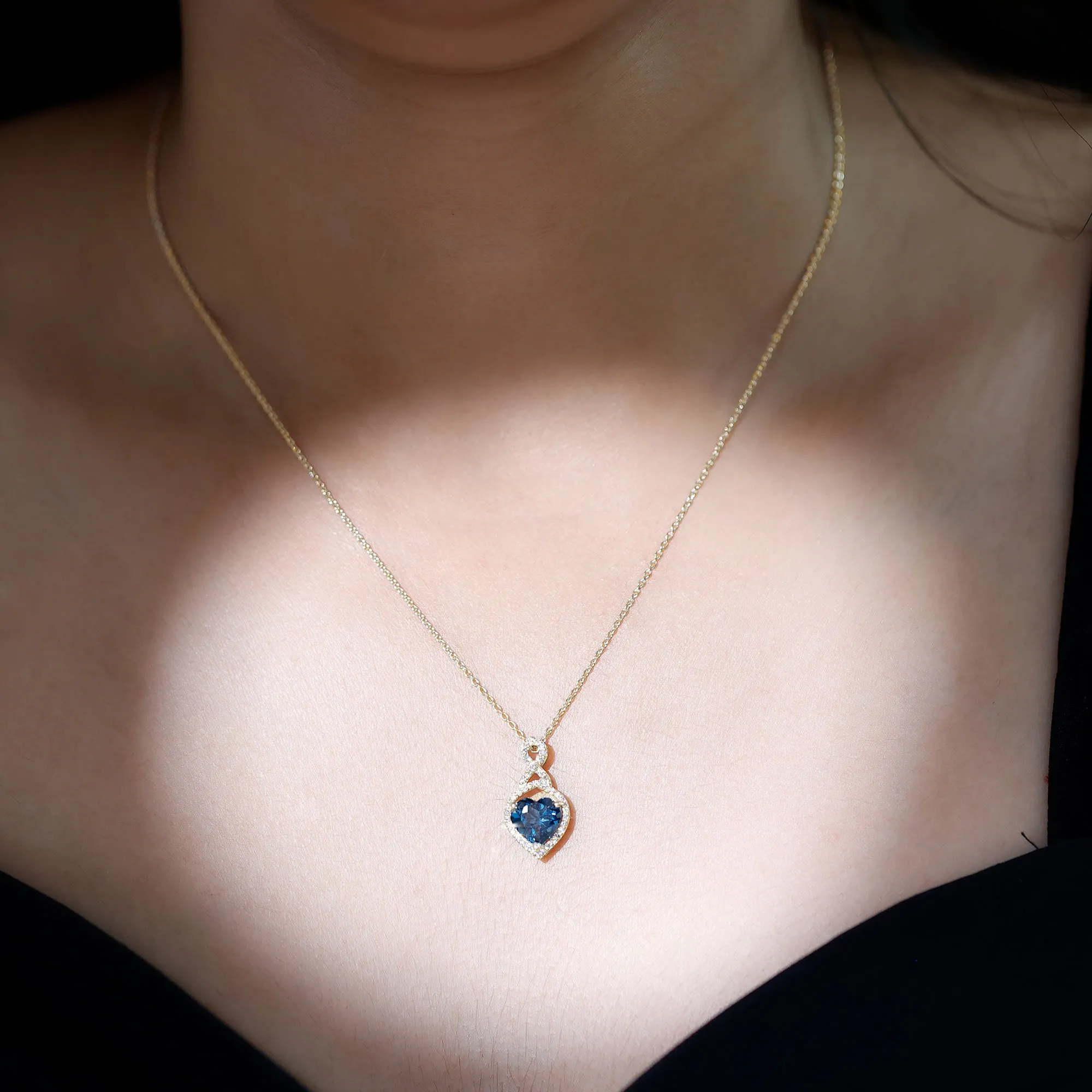 8 MM Heart Shape London Blue Topaz Infinity Pendant with Diamond