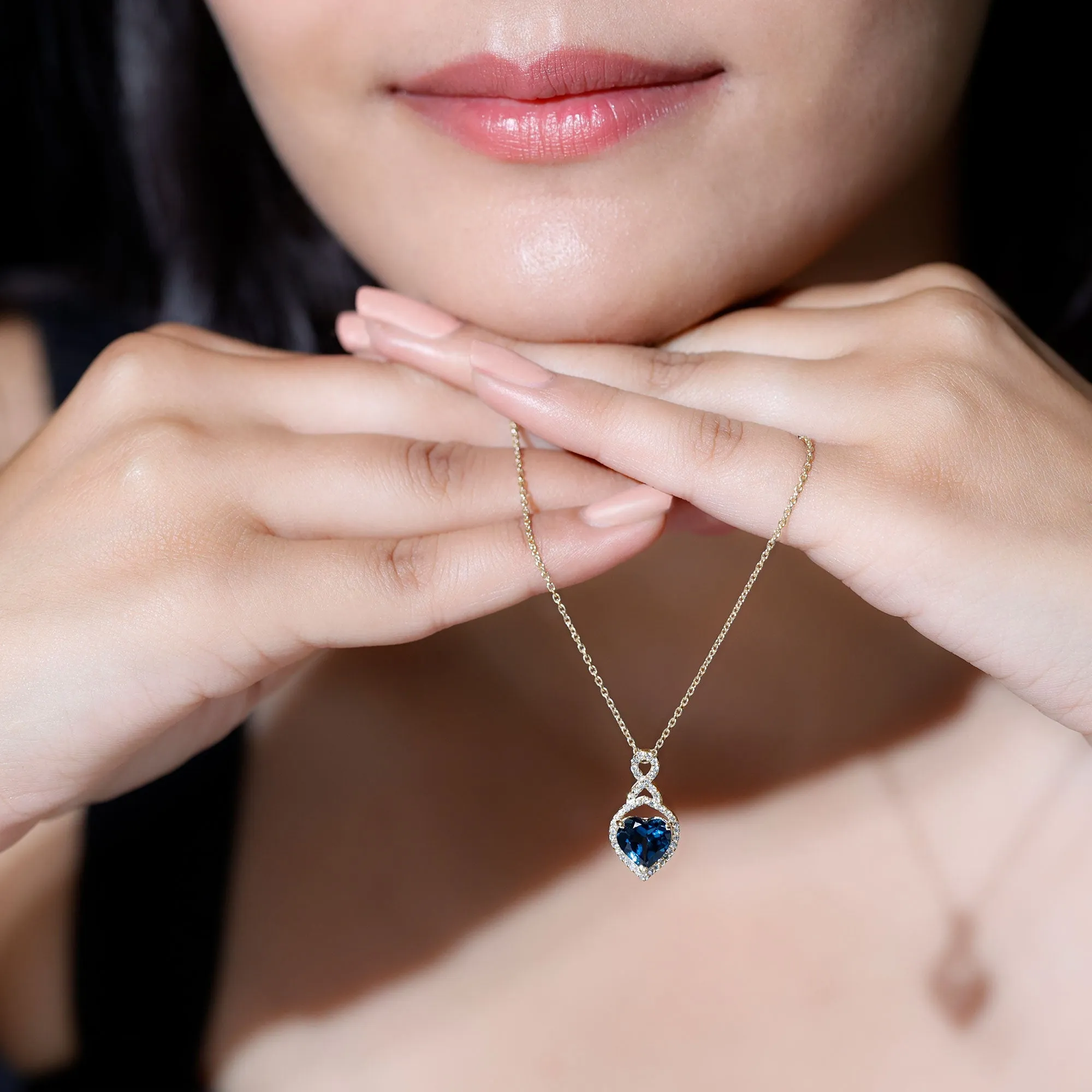 8 MM Heart Shape London Blue Topaz Infinity Pendant with Diamond
