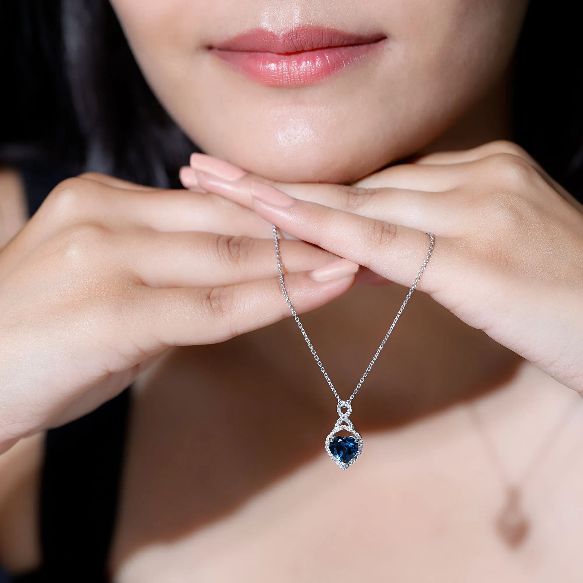8 MM Heart Shape London Blue Topaz Infinity Pendant with Diamond