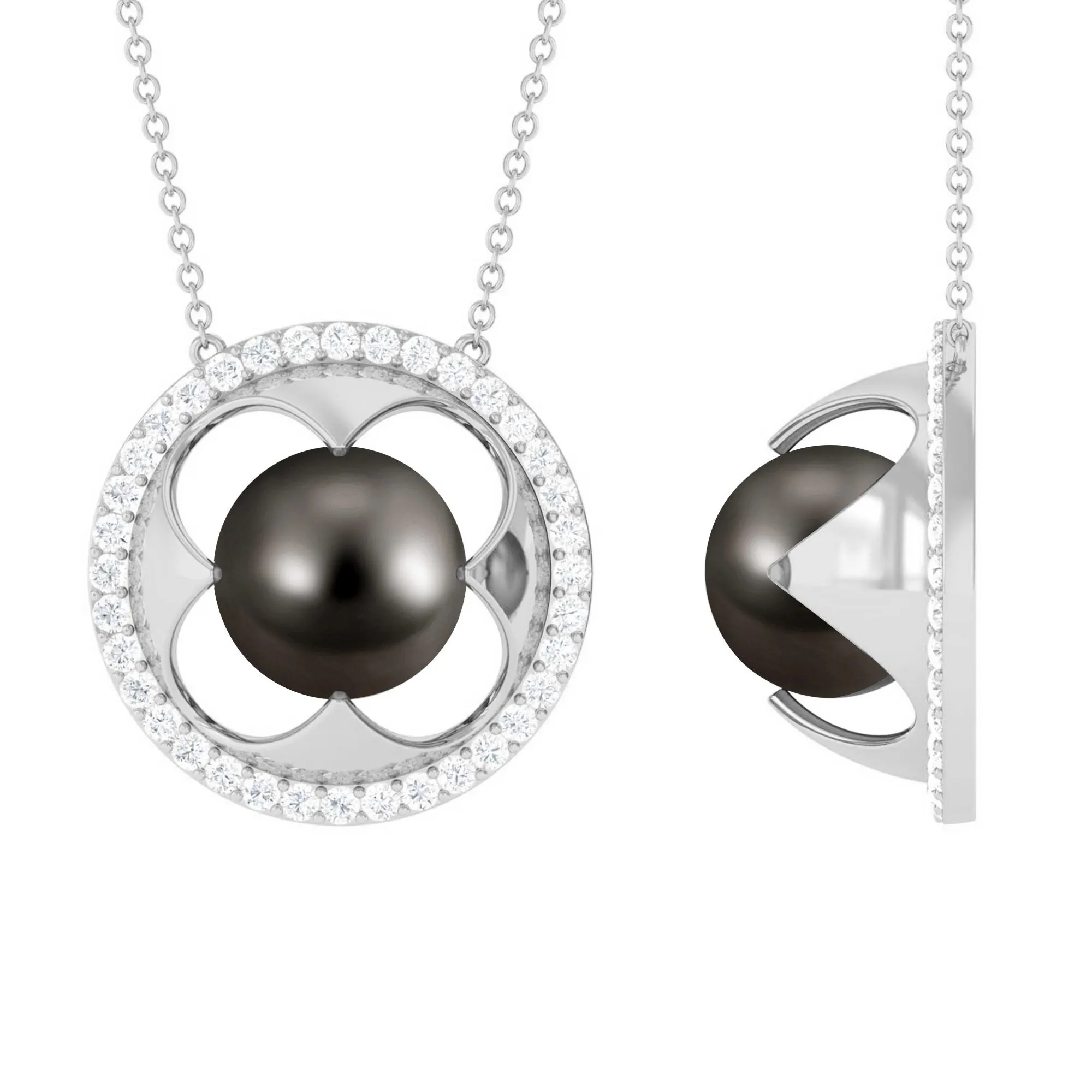 8.50 CT Solitaire Tahitian Pearl and Diamond Flower Necklace