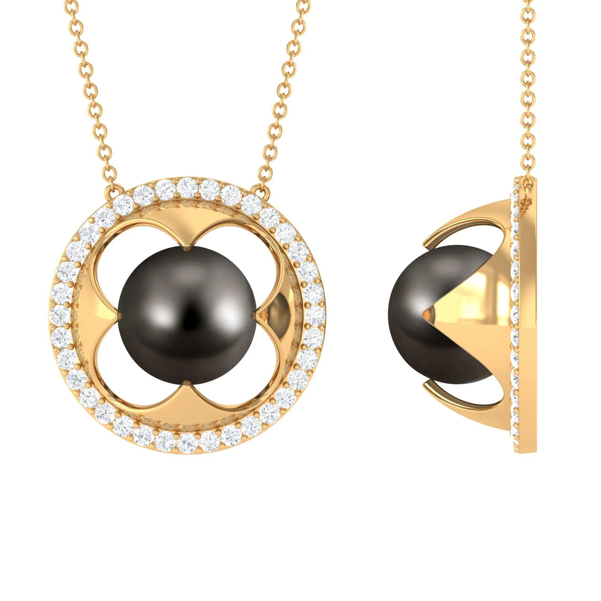 8.50 CT Solitaire Tahitian Pearl and Diamond Flower Necklace