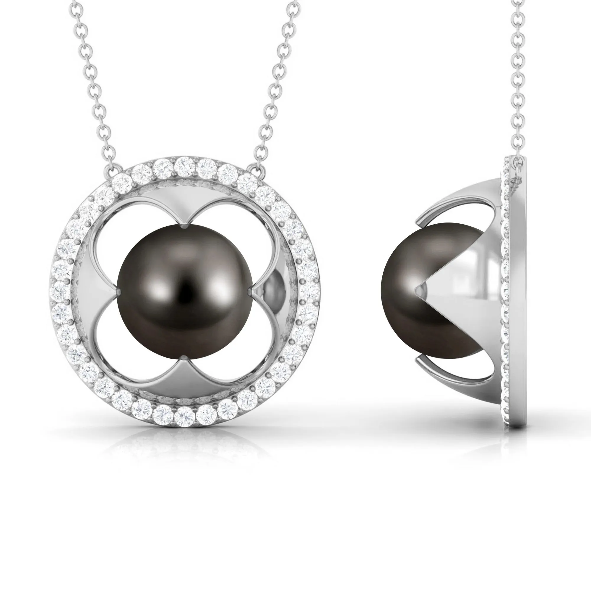 8.50 CT Solitaire Tahitian Pearl and Diamond Flower Necklace