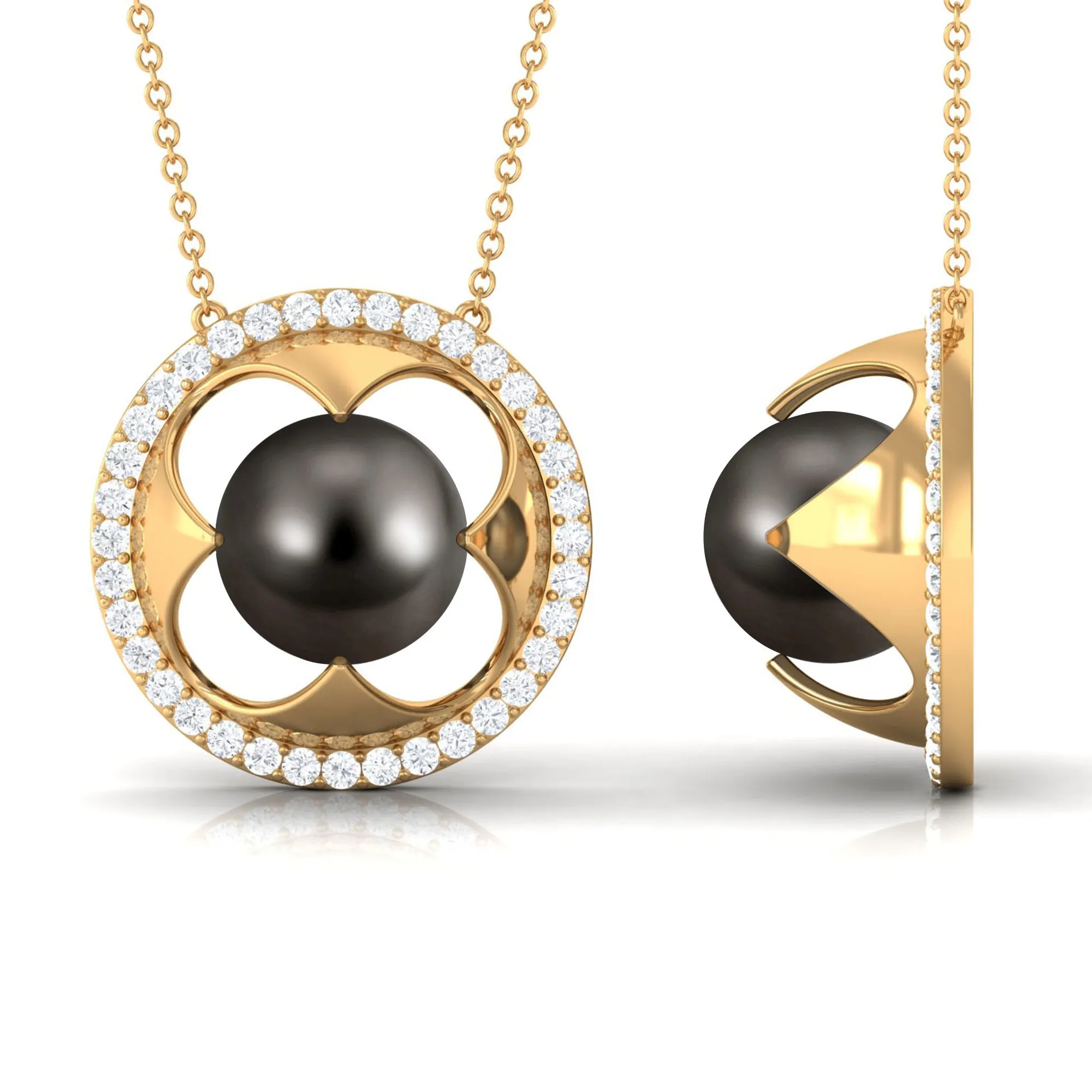 8.50 CT Solitaire Tahitian Pearl and Diamond Flower Necklace