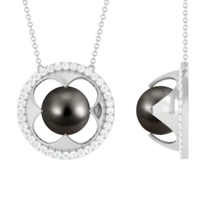 8.50 CT Solitaire Tahitian Pearl and Diamond Flower Necklace
