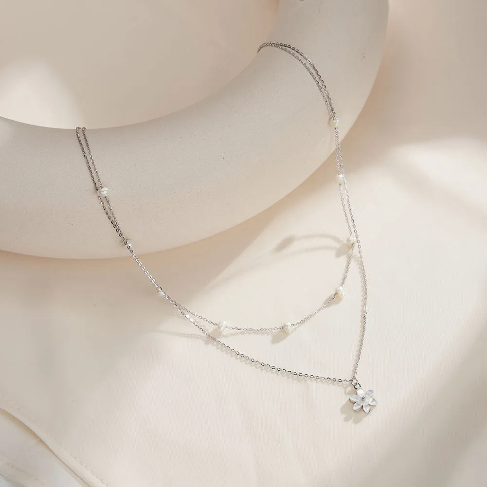 925 Silver Flower Pendant Pearl Necklace