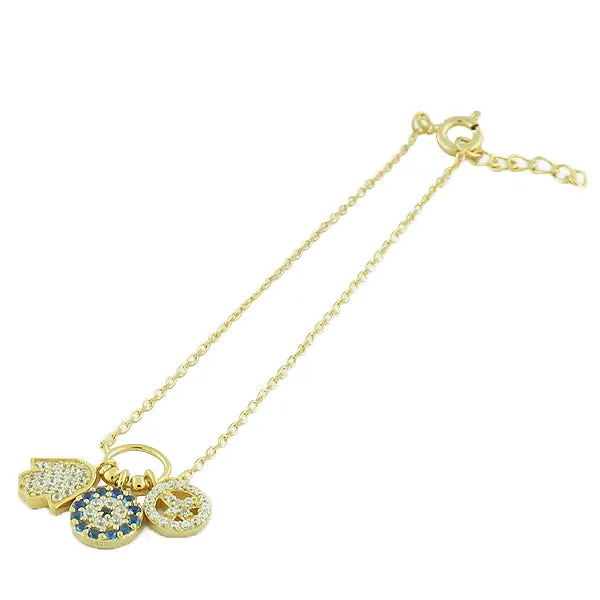 925 Sterling Silver Gold-Tone Hamsa Evil Eye Peace Flower White  Blue CZ Necklace Bracelet Set