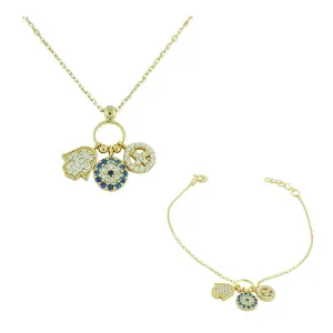 925 Sterling Silver Gold-Tone Hamsa Evil Eye Peace Flower White  Blue CZ Necklace Bracelet Set