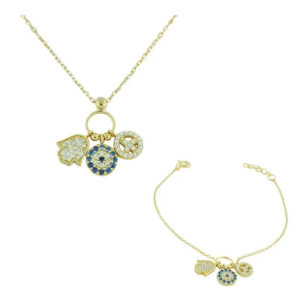 925 Sterling Silver Gold-Tone Hamsa Evil Eye Peace Flower White  Blue CZ Necklace Bracelet Set