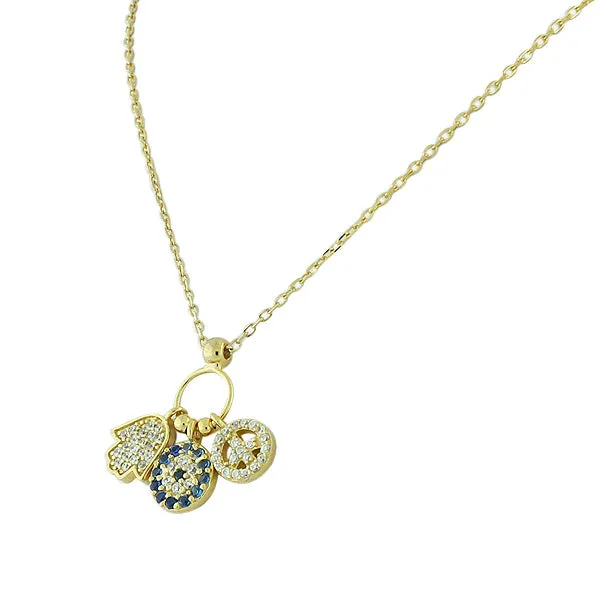 925 Sterling Silver Gold-Tone Hamsa Evil Eye Peace Flower White  Blue CZ Necklace Bracelet Set