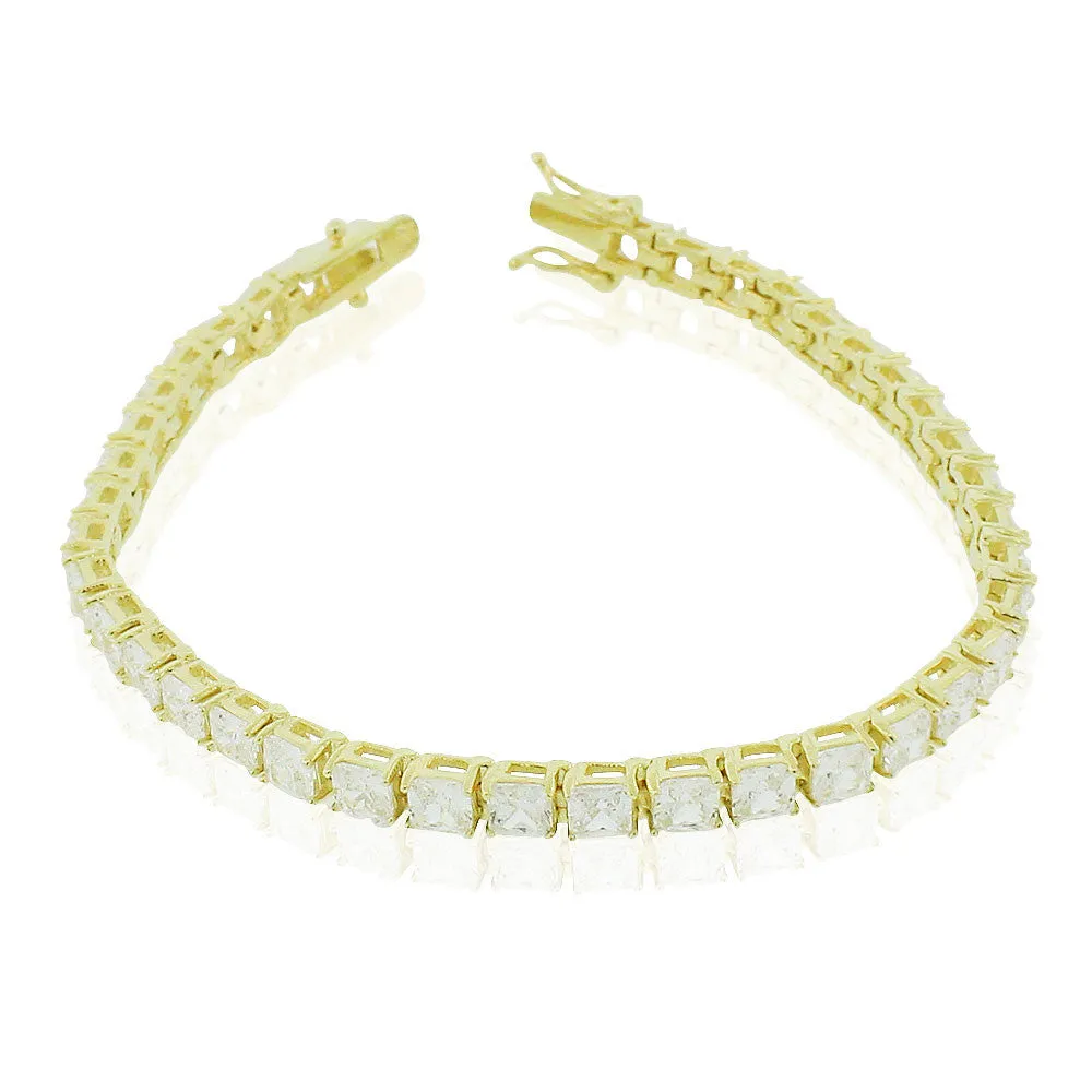 925 Sterling Silver Yellow Gold-Tone Clear Princess-Cut CZ Tennis Bracelet