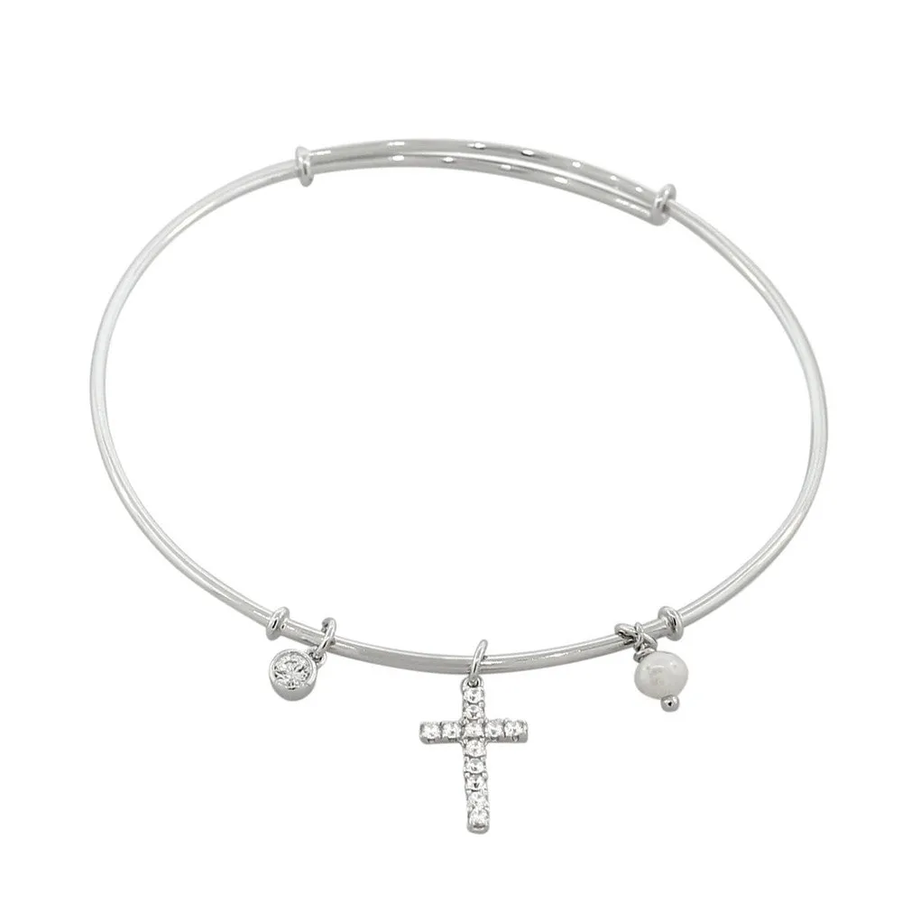 925 Sterling Silver Cross Religious Simulated Pearl CZ Bangle Bracelet